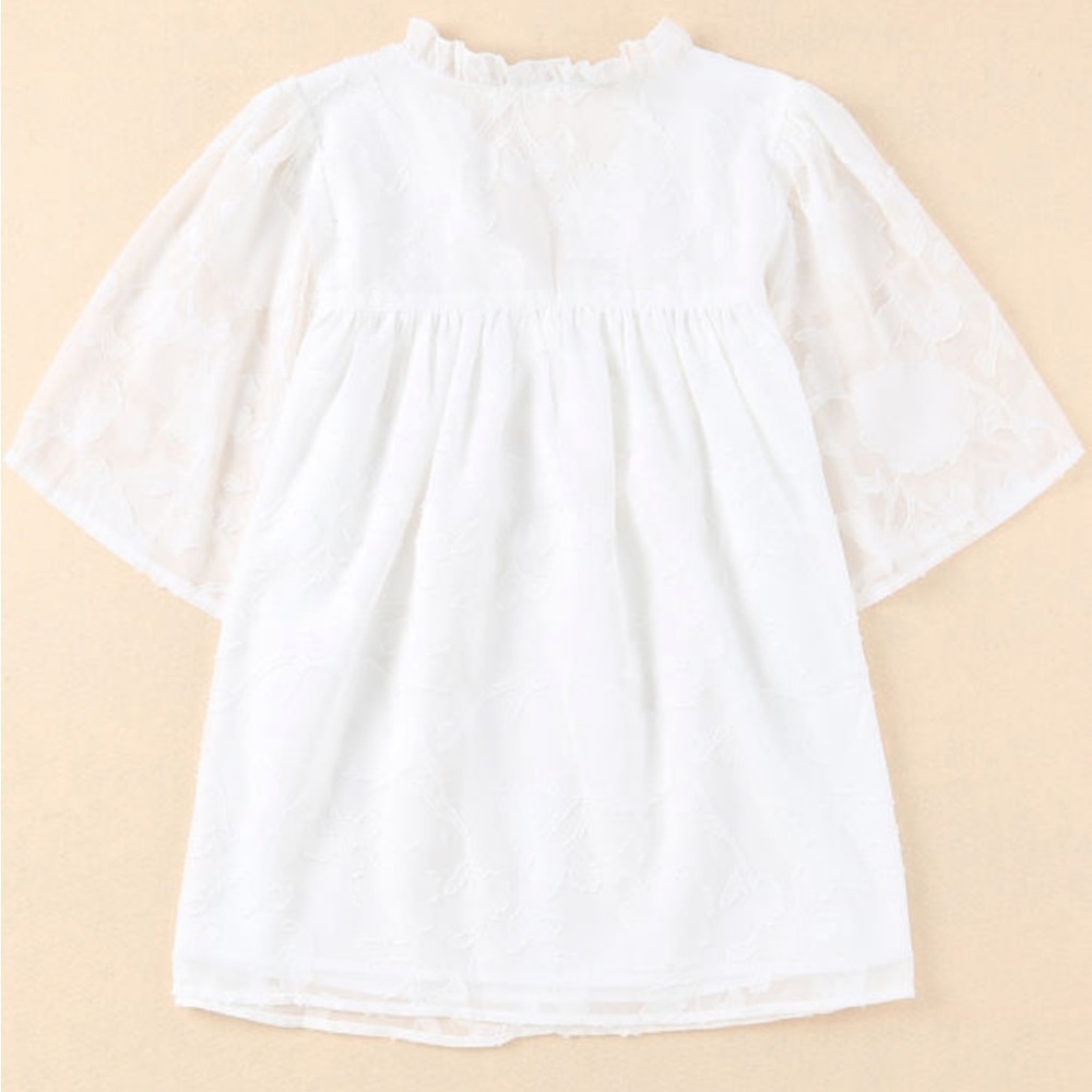 White Floral Textured V-Neck Buttoned Blouse - Picture 4 of 10